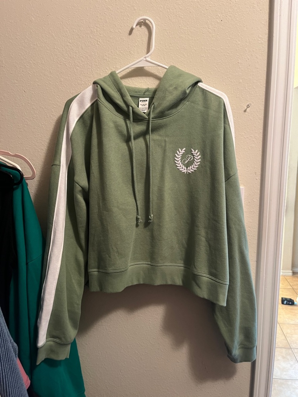 PINK Victoria's Secret Sage Green Cropped Hoodie with White Stripe